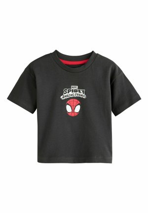 Schwarzes Baumwoll-T-Shirt mit kurzen Ärmeln und rundem Halsausschnitt. Mit einer roten und weißen Spidey-Grafik auf der Vorderseite und dem Schriftzug "SPIDEY AMAZING FRIENDS".