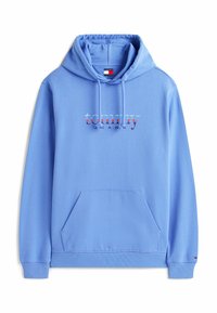 Felpa azzurra con cappuccio, tasca frontale, cappuccio con cordino, e un logo colorato "tommy jeans" in testo degradé sul petto.