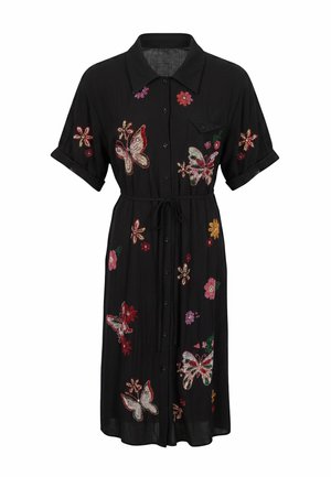 Robe noire à boutons, taille ceinturée, manches courtes, avec des papillons et des fleurs brodés colorés partout.