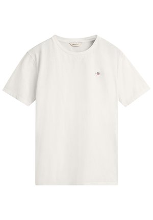 Weißes Baumwoll-T-Shirt mit kurzen Ärmeln, runder Ausschnitt und kleinem besticktem Logo auf der Brust. Glatte Textur mit lockerer Passform.