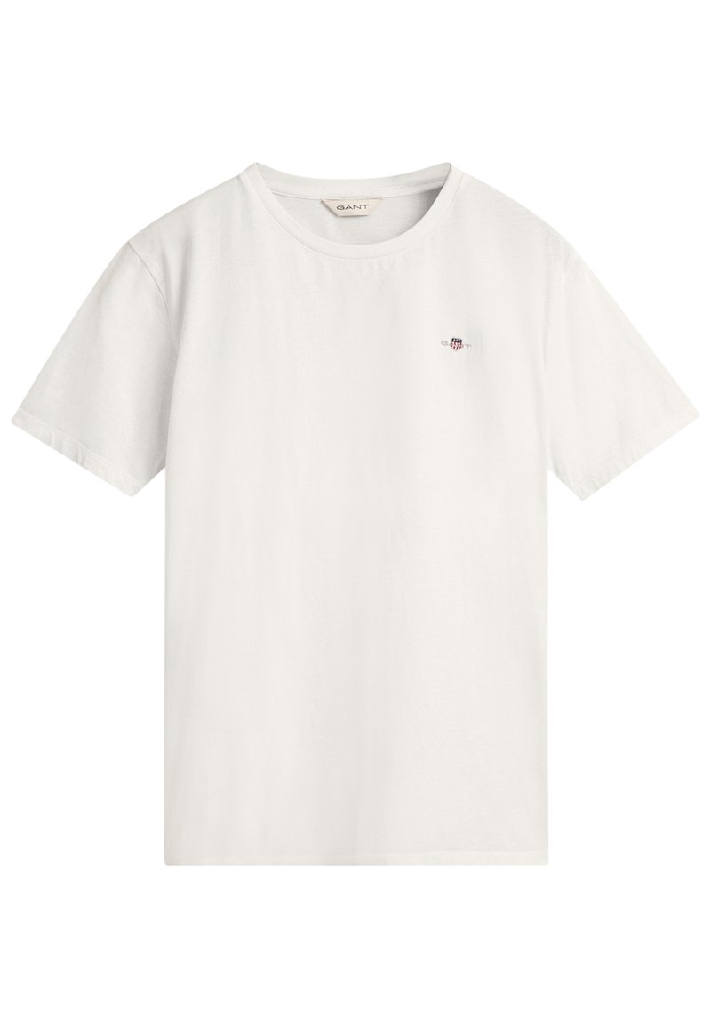 T-shirt en coton blanc avec des manches courtes, un col rond et un petit logo brodé sur la poitrine. Texture lisse avec une coupe décontractée.