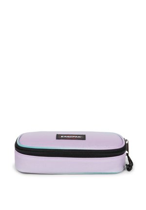 Purple zippered pencil case made of durable fabric, featuring a black Eastpak logo and accented zipper in teal. Rectangular shape with smooth texture.