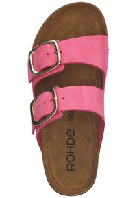 Růžové kožené sandály se dvěma nastavitelnými pásky a zlatými přezkami. Obsahují vycpanou hnědou stélku s potiskem "ROHDE".