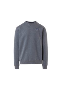 Felpa grigia in cotone con scollo a V, maniche lunghe, polsini e orlo a costine. Presenta un piccolo logo blu sul lato sinistro del petto. Tessuto morbido.