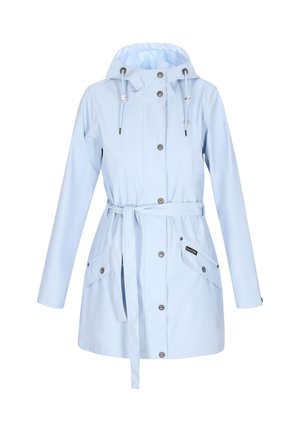 Světle modrý pláštěnkový kabát s kapucí, dlouhými rukávy, zapínáním na knoflíky, nastavitelným páskem a klopovými kapsami na přední straně se zapínáním na knoflíky.