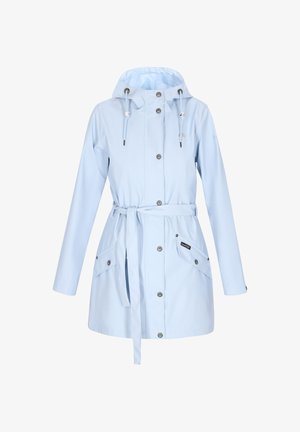 Světle modrý pláštěnkový kabát s kapucí, dlouhými rukávy, zapínáním na knoflíky, nastavitelným páskem a klopovými kapsami na přední straně se zapínáním na knoflíky.