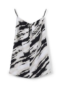 Haut sans manches noir et blanc en tissu léger, avec un détail à nouer au niveau du col et un motif rayé abstrait.