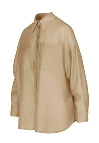 Camicia button-up beige realizzata in tessuto leggero; presenta un colletto, due tasche sul petto e una vestibilità rilassata con maniche lunghe.