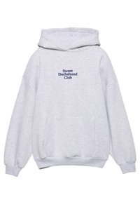 Felpa grigia realizzata in morbido tessuto, con tasca frontale e cappuccio. Sul petto c'è un testo blu navy che recita "Sweet Dachshund Club."