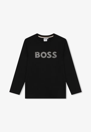 Sweatshirt noir à manches longues avec un col arrondi et un logo "BOSS" texturé en strass sur la poitrine. Tissu doux.