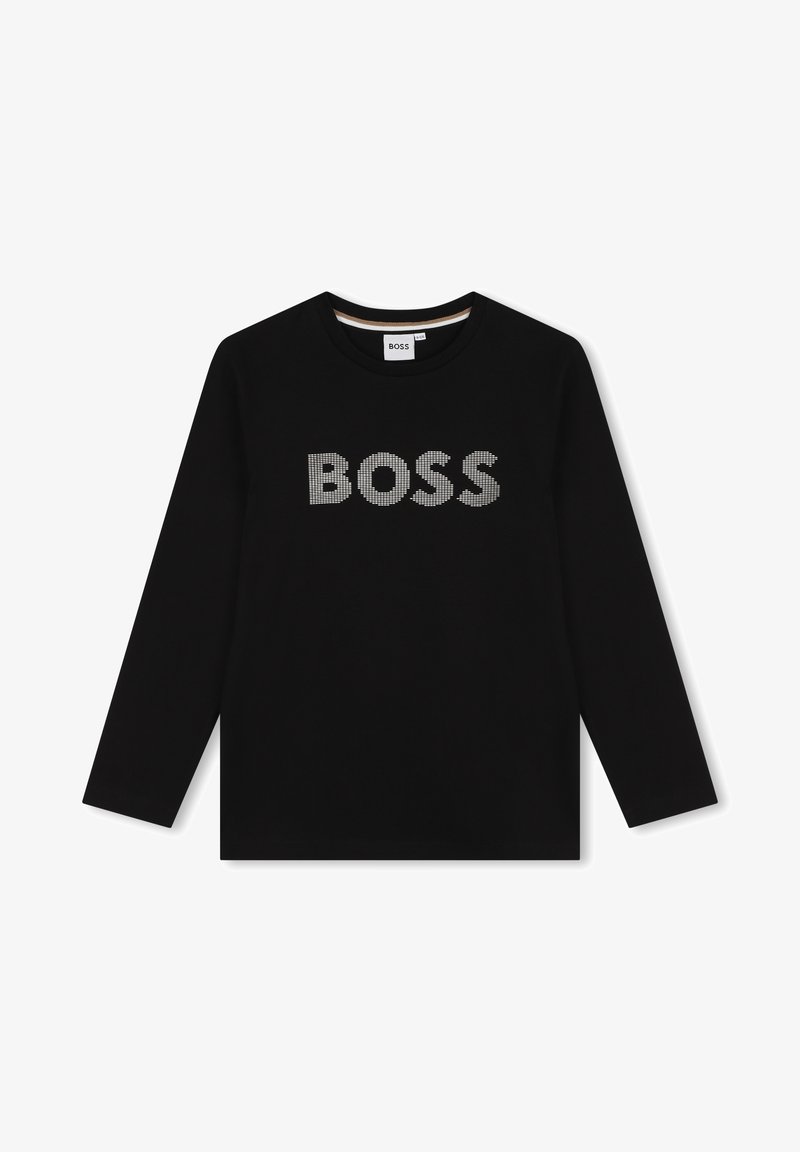 Sweatshirt noir à manches longues avec un col arrondi et un logo "BOSS" texturé en strass sur la poitrine. Tissu doux.