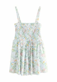 Vestido de verano floral de tela ligera que presenta un cuerpo fruncido, tirantes ajustables y una falda recogida con patrones de flores en tonos pastel.