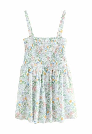 Bloemige zomerse jurk van lichtgewicht stof met een smocked lijfje, verstelbare banden en een uitlopende rok met pastel bloemenpatronen.