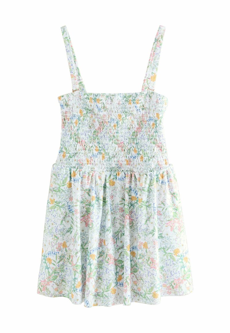 Vestido de verano floral de tela ligera que presenta un cuerpo fruncido, tirantes ajustables y una falda recogida con patrones de flores en tonos pastel.