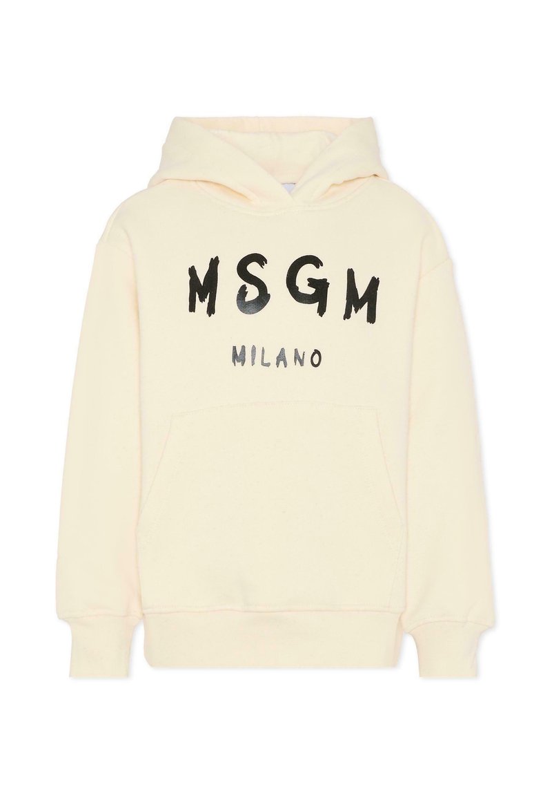 Lichtbeige hoodie gemaakt van zachte stof, met een voorzak en het zwarte logo "MSGM MILANO" gedrukt op de borst.