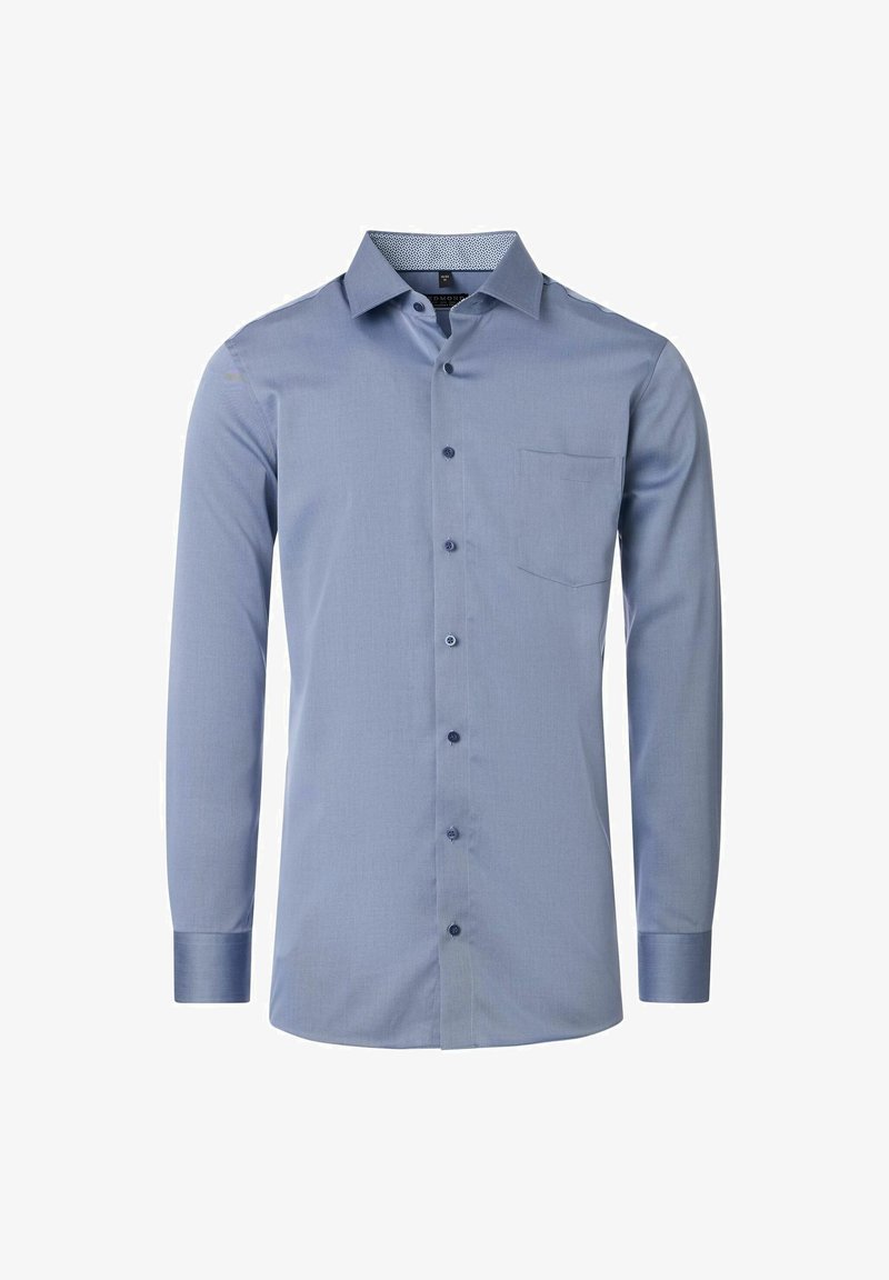 Lichtblauwe overhemd met lange mouwen, met een puntige kraag, één borstzak en bijpassende knopen; gladde textuur; subtiel patroon binnen de kraag.