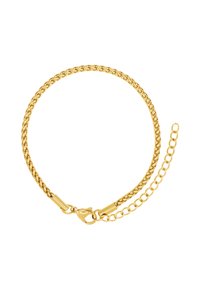 Bracelet en chaîne dorée avec des maillons ovales entrelacés et un fermoir à ressort. Comprend une chaîne ajustable pour varier la taille. Fini métallique lisse.