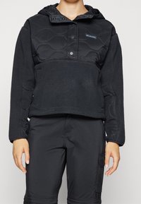 Sudadera con capucha negra hecha de tejido acolchado y forro polar, con botones de presión y una sección inferior con textura. Ajuste entallado con mangas largas.