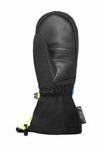 Schwarzer isolierter Handschuh mit Lederhandfläche, gefüttertem Innenraum, elastischem Handgelenkbund, verstellbarem Kordelzug und wasserdichtem Etikett.