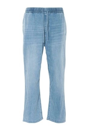Hellblaue Jeanshose mit entspannter Passform, elastischem Bund und Kordelzug. Sie hat gerade Beine und eine dezente Ausbleichung.