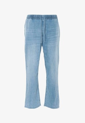 Hellblaue Jeanshose mit entspannter Passform, elastischem Bund und Kordelzug. Sie hat gerade Beine und eine dezente Ausbleichung.