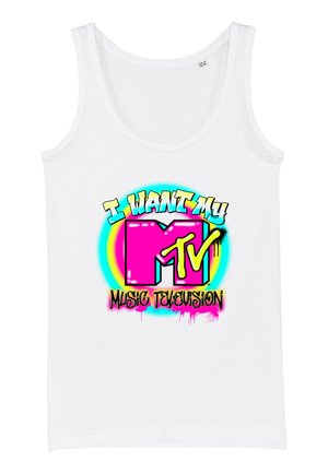 Débardeur blanc avec un texte style graffiti coloré "I WANT MY MTV" et "MUSIC TELEVISION" en néon rose, jaune et bleu.
