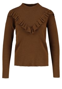 Brauner gestrickter Pullover mit langen Ärmeln, hohem Kragen und einem rüschierten V-förmigen Akzent an der Vorderseite. Weiche Textur und taillierte Passform.