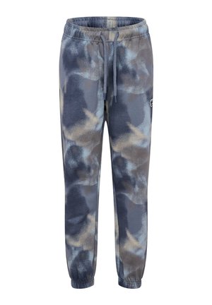 Niebiesko-szare spodnie dresowe tie-dye z polaru z elastycznym pasem, sznurkiem oraz ściągaczami na nogawkach.