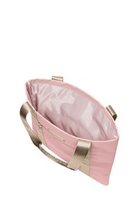 Pink tote bag with a textured exterior, featuring metallic gold handles and a smooth, light interior. Includes a zippered pocket.
