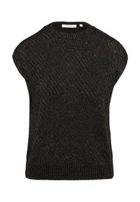 Czarny sweter dzianinowy z okrągłym dekoltem, krótkimi rękawami i fakturowanym materiałem z subtelnymi lśniącymi niciami. Ribbowane wykończenie u dołu.