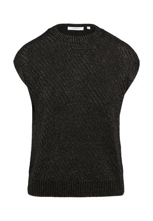 Czarny sweter dzianinowy z okrągłym dekoltem, krótkimi rękawami i fakturowanym materiałem z subtelnymi lśniącymi niciami. Ribbowane wykończenie u dołu.