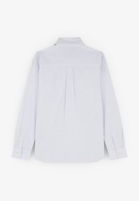 Lange mouw blouse in lichtblauw met witte verticale strepen, voorzien van een puntige kraag en knoopmanchetten, met een plooi-detail aan de achterkant.