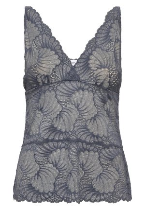 Tumši pelēkā mežģīņu kamzolis ar viļņotu apakšmalu un sarežģītu čaulu līdzīgu rakstu, pēdā ar V formas kakla izgriezumu un regulējamām siksnām.