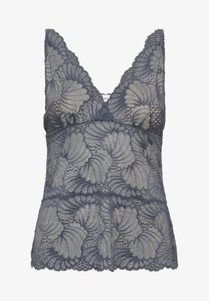 Tumši pelēkā mežģīņu kamzolis ar viļņotu apakšmalu un sarežģītu čaulu līdzīgu rakstu, pēdā ar V formas kakla izgriezumu un regulējamām siksnām.