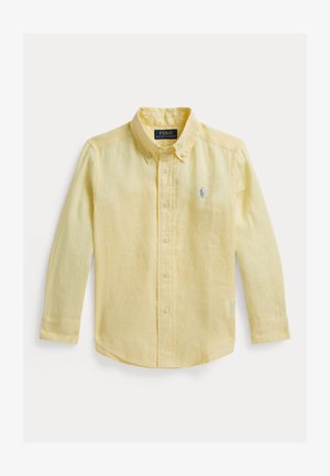 Yellow button-up shirt made of lightweight fabric, featuring a classic collar, long sleeves, and a small embroidered logo on the chest.