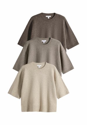 THE SET, 3 PACK CREW NECK KNITTED T-SHIRTS - Basic T-shirt - oatmeal stone brown chocolate brown