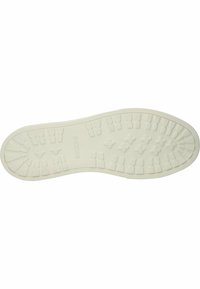 Suela de goma blanca con un patrón de textura en la suela, que presenta formas y letras en relieve. Material suave y flexible con un borde curvado.