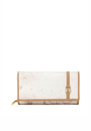 Portafoglio beige con stampa mappa, rifinitura in pelle color cuoio, cursore della cerniera dorato e piccolo dettaglio del logo dorato sulla pattina frontale.