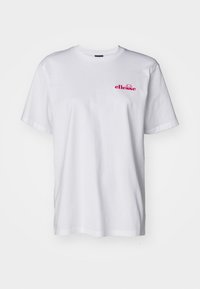 White cotton t-shirt with short sleeves, crew neck, and a pink embroidered logo on the left chest. Lightweight and smooth texture.