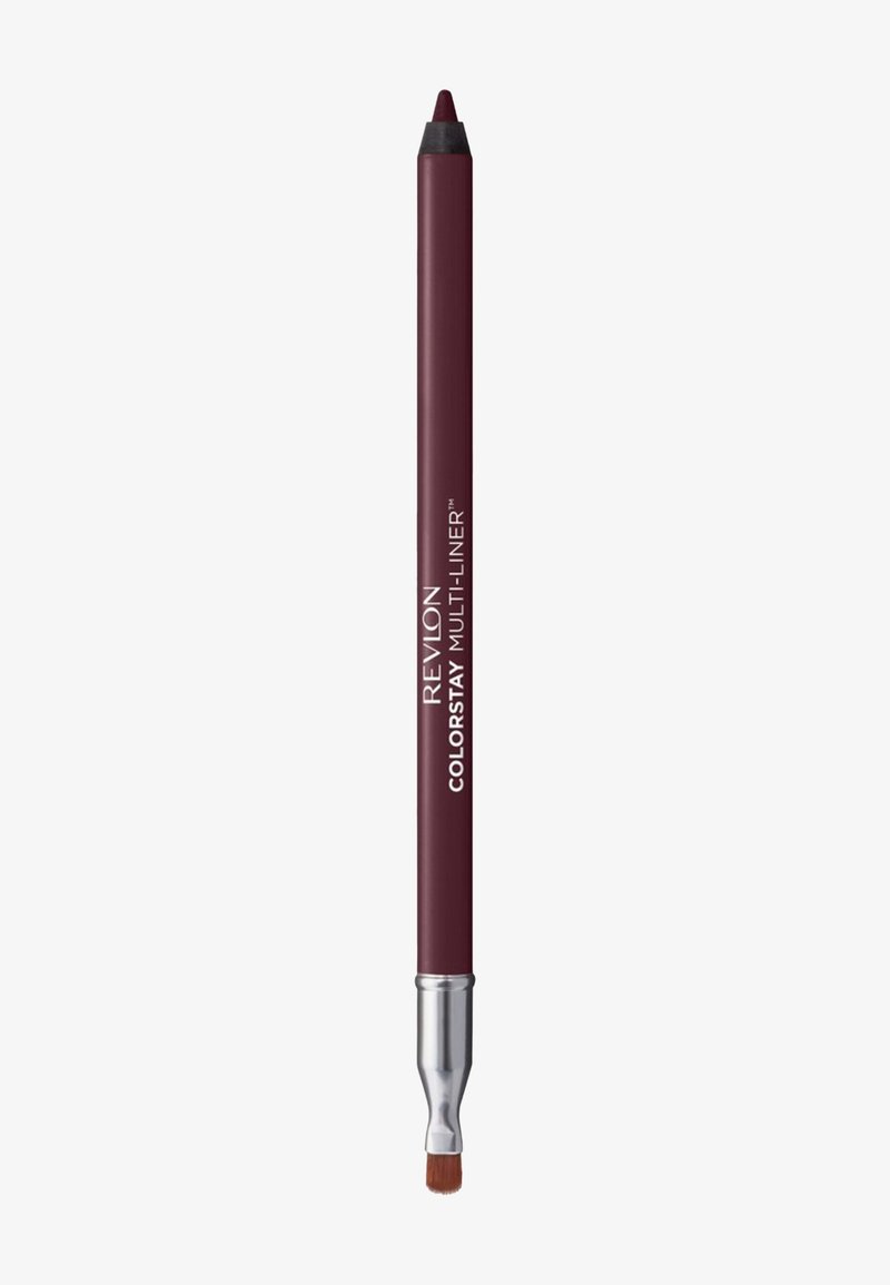 Crayon multi-liner bordeaux avec une pointe applicatrice argentée. Surface texturée, marqué du nom "Revlon Colorstay Multi-Liner" en blanc.