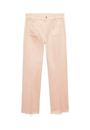 Pantalons rose clair avec une coupe droite, en coton, présentant deux poches arrière et des ourlets effilochés pour un look décontracté.