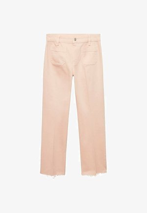 Pantaloni roz deschis cu un design drept, din bumbac, având două buzunare la spate și margini desfăcute pentru un aspect casual.