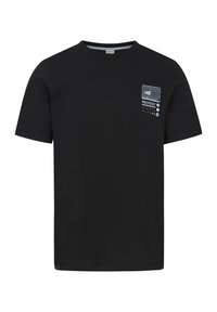 Schwarzes Baumwoll-T-Shirt mit kurzen Ärmeln, das auf der linken Brust ein kleines weißes Grafiklogo und einen Rundhalsausschnitt aufweist. Schlichtes Design.