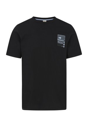 Camiseta de algodón negra de manga corta, con un pequeño logotipo gráfico blanco en el lado izquierdo del pecho y un cuello redondo. Diseño sencillo.