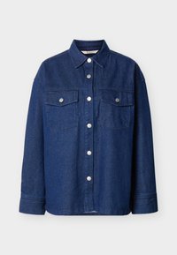 Tumesinine teksapikkade varrukatega särk, millel ees nupuga sulgemine ja kaks rinnataskut nööpidega, hallil taustal.