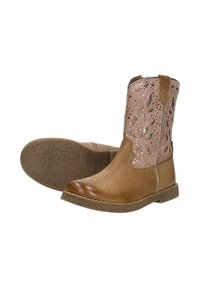 Brown leather ankle boots with a pink decorative shaft featuring cut-out designs and metallic accents. Rubber sole with textured pattern.