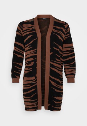 Brown and black tiger-striped cardigan with long sleeves, open front, and ribbed cuffs. Soft knit material with contrasting borders.
