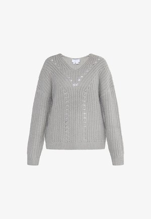 Light gray knit sweater with a V-neck, long sleeves, and intricate textured patterns featuring small holes along the front.