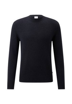 Sweter w kolorze granatowym, okrągłym dekoltem, wykonany z miękkiego materiału, z długimi rękawami, ściągaczami na mankietach i u dołu, o prostym designie bez widocznych wzorów.