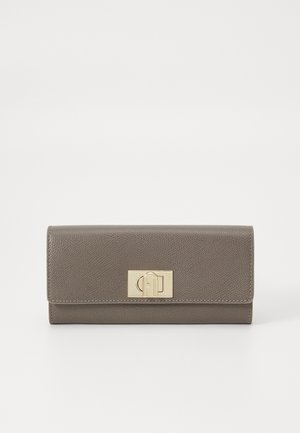 Gray textured leather wallet with a gold-tone clasp, featuring a rectangular shape and fold-over design. Smooth finish, minimalistic look.